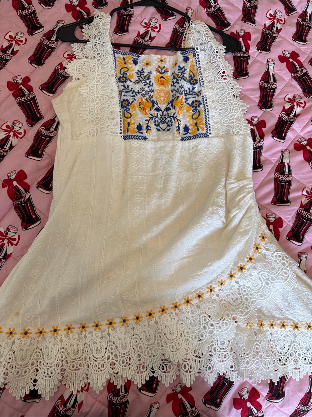 Coca Cola White Dress with Yellow & Blue Embroidery